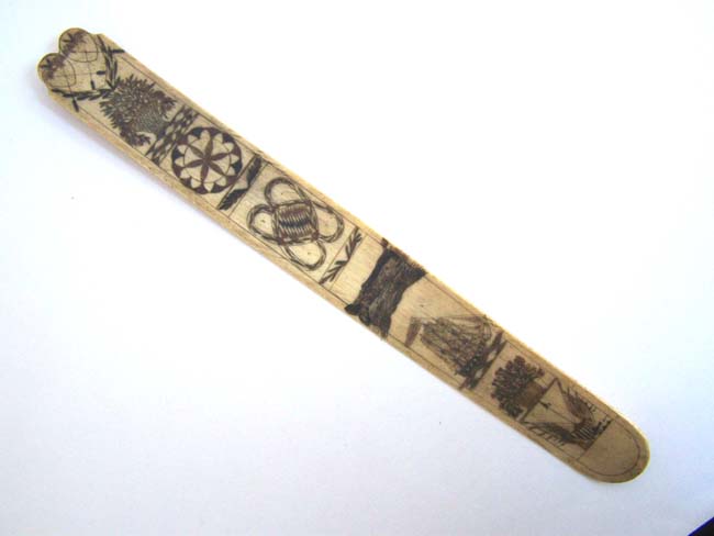 A Fine 19th century polycromed 8 panel ANTIQUE SCRIMSHAWED Whalebone Corset Busk